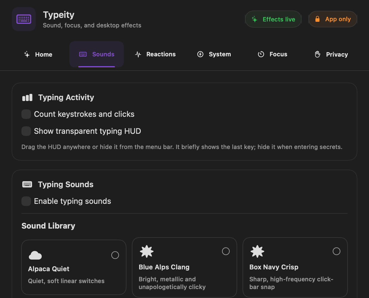 Sounds screen with typing activity and typing sound controls