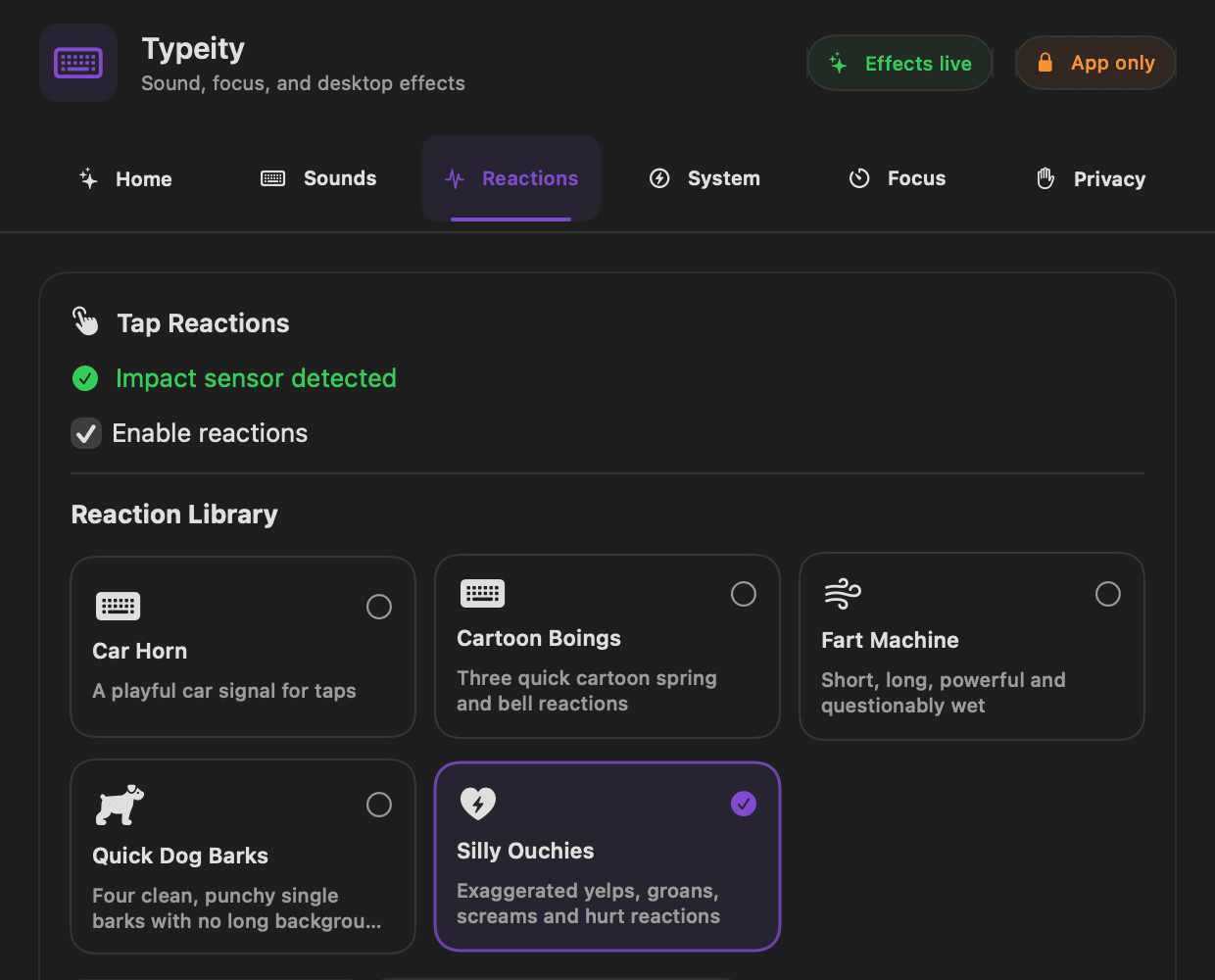 Reactions screen with tap and desktop effect controls